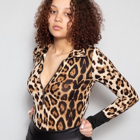 Steven Ella Tops - STEVEN Ella Cheetah  Zipper long sleeve Bodysuit